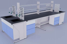 double sided laboratory workbenches with cabinets, shelves and sinks (island)