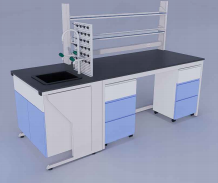 single sided laboratory work benches with cabinets, sink and facet (width 175 – 185 cm)